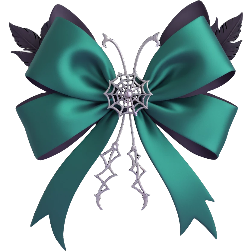 gothic bow, midnight green silk, silver spiderweb brooch, black feather accents, mysterious and lush emoji