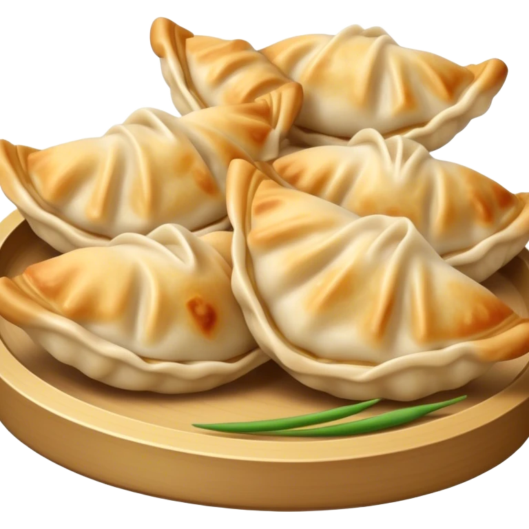 Gyoza Cinematic Realistic Gyoza Dish Emoji, depicted in a close-up view of 1 to 2 delicate dumplings with a crisp, golden exterior and savory filling, rendered with exquisite detail and dynamic lighting. emoji