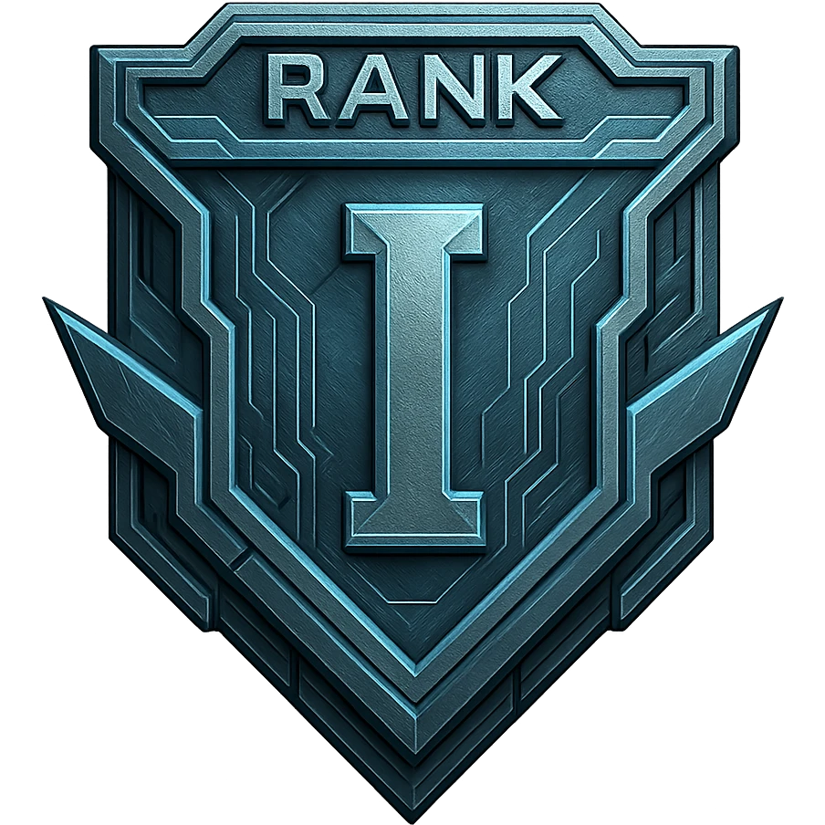a metal insignia badge for a "rank I", space scifi-futuristic cyberpunk futurepunk emoji