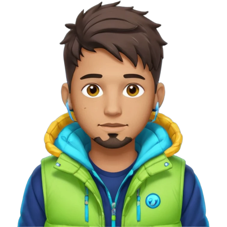 Cyberpunk street adult, hispanic, male, messy undercut, puffer vest over hoodie, glowing earpiece, light stubble, brown eyes, neon reflections emoji