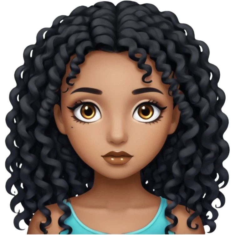 girl with long black curls and brown eyes, brown skin, eyelashes, siren eyes emoji