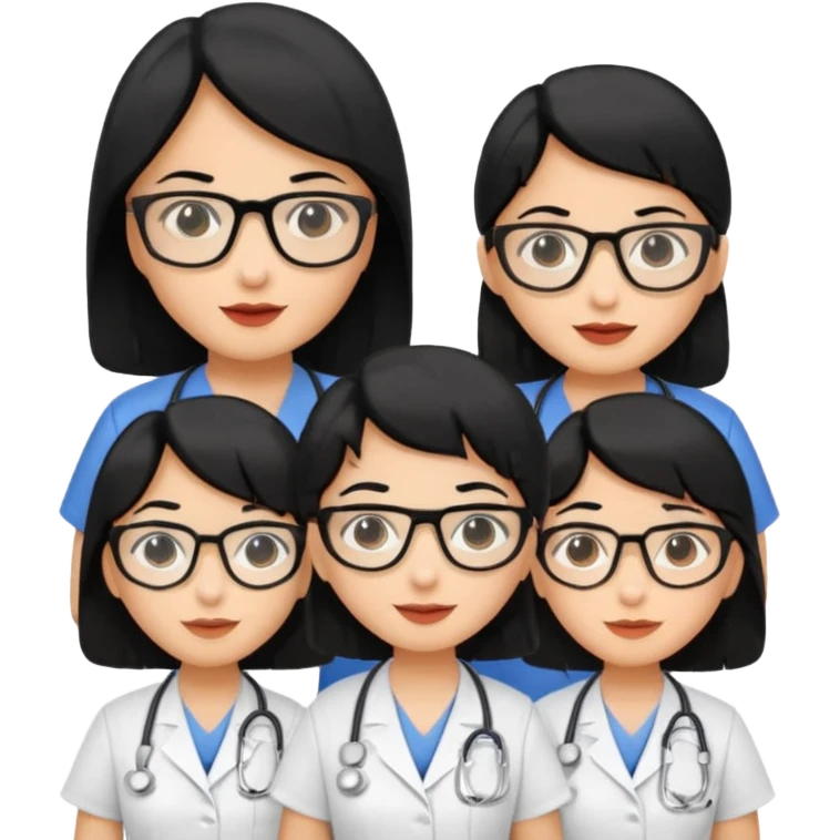 Genera emogis de 4 cuatro enfermeras de cabello negro, una con lentes emoji