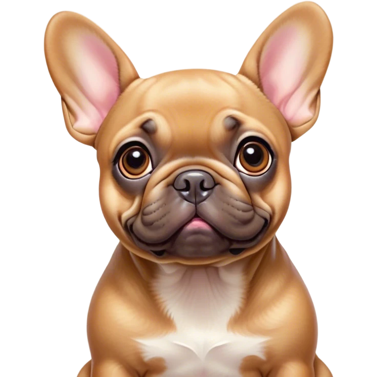 Cinematic Cute Fawn French Bulldog Portrait Emoji, Head tilted playfully and inquisitively, featuring a glossy fawn coat with a smooth texture, round, sparkling dark eyes filled with curiosity, Simplified yet irresistibly adorable features, highly detailed, glowing with a warm, friendly glow, high shine, affectionate and lively, stylized with a touch of whimsy, bright and endearing, soft glowing outline, capturing the essence of a mischievous yet loving companion, so playful it feels like it could prance out of the screen and into your arms! emoji