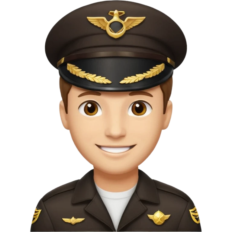 A light-skinned man with short brown hair, brown eyes, and a cheerful smile, wearing a dark pilot cap with a gold emblem. emoji