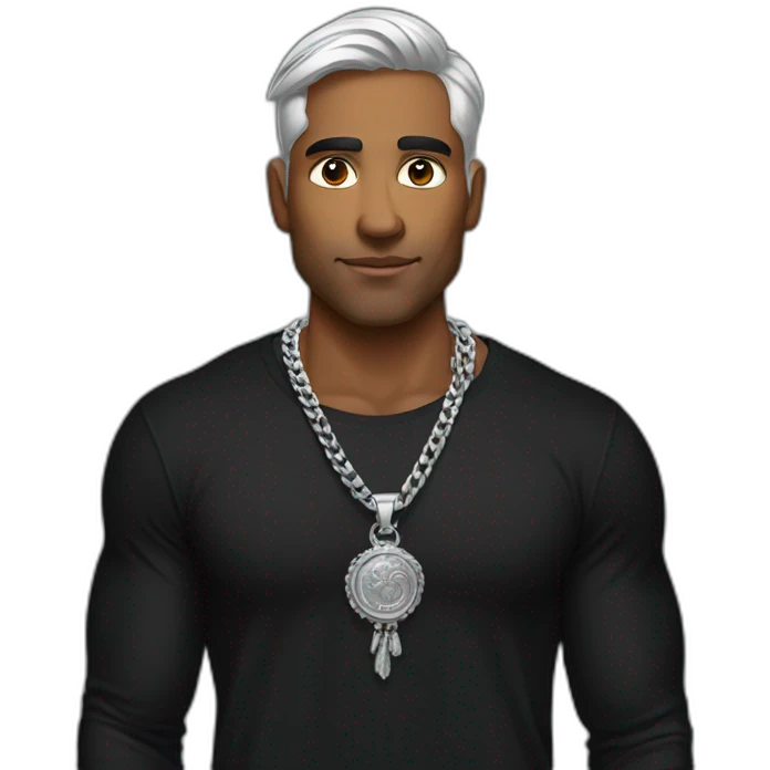 A strong Indian man wearing men silver chain,styled on a Full sleeve black tshirt emoji