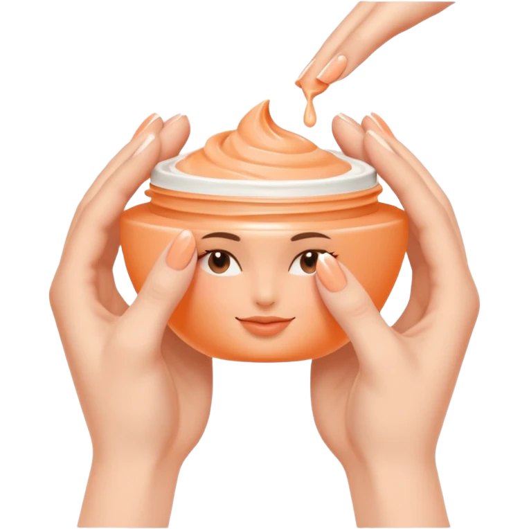 Minimal emoji of hands gently applying skincare cream, soft nude and peach tones, clean beauty aesthetic, calm and elegant, subtle glow emoji