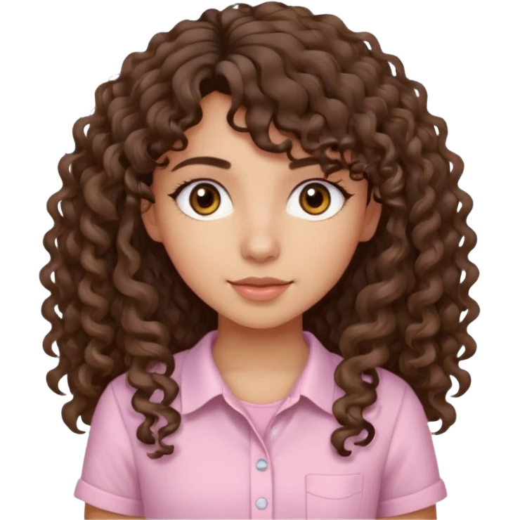 A Latina girl with brown eyes and long loose curly hair with curly bangs with a light pink shirt emoji