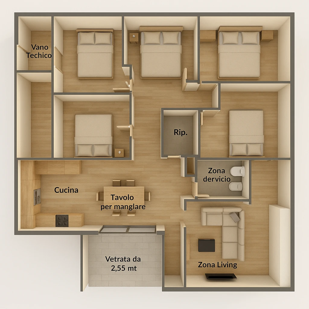 Create a realistic 3D floor plan of the same house shown in the provided blueprint. The house includes four bedrooms, two bathrooms, a kitchen, a living area, a storage room, a large glass window, a dining table, a sofa with TV, and a technical room. The view is from above, with a simple and clear architectural style to help better visualize the spaces. emoji