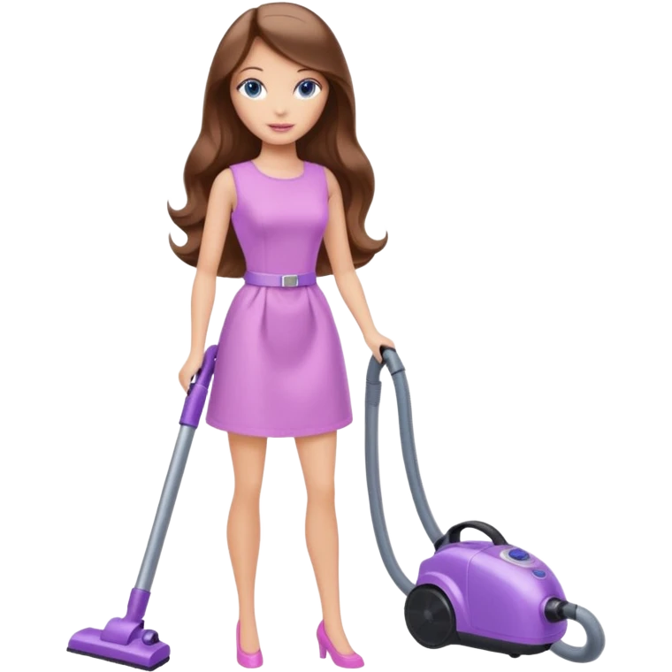 beautiful barbie girl with long brown hair, blue eyes and wearing light purple clothes, cleaning and vacuuming emoji