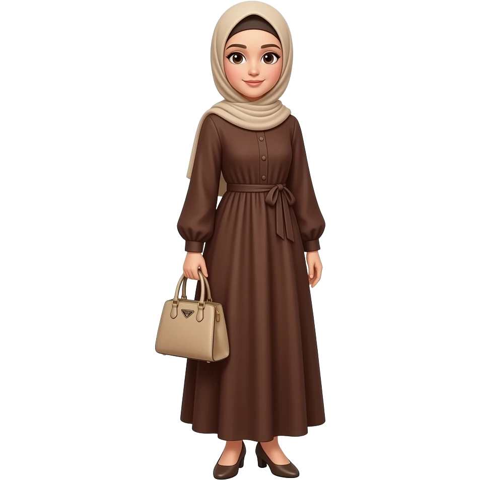 إيموجي لفتاة ترتدي فستان بني طويل حذاء طالون منخفض حجاب بيج غطي شعرها و ألبسها حقيبة يد من برادا الحجاب بنفس اللون تقوم بوضعية تصوير emoji