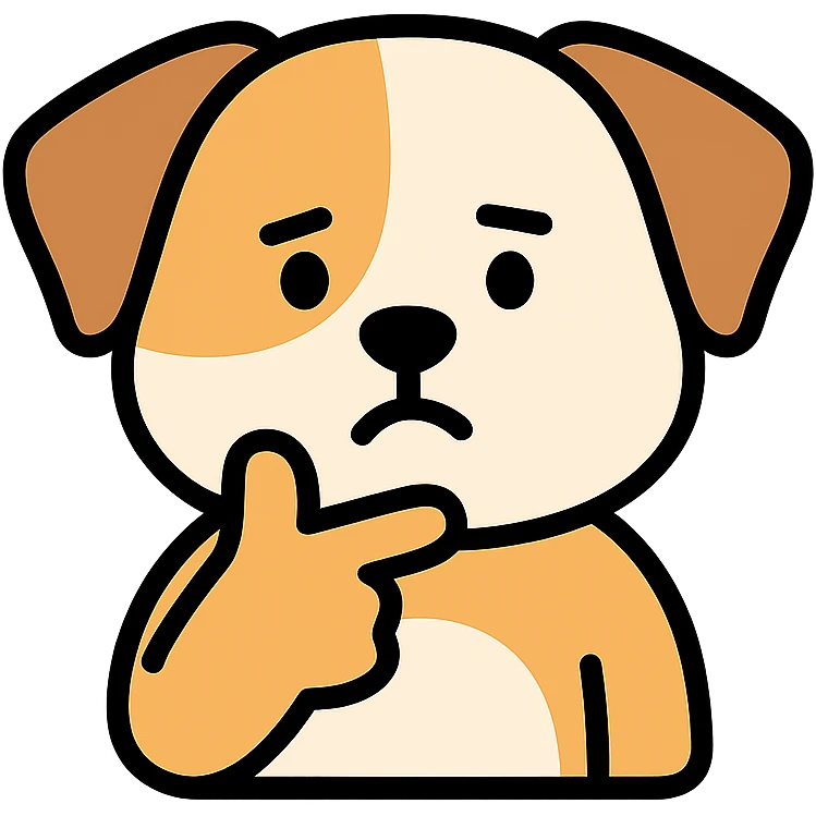 cute brown and white dog with a thinking face emoji