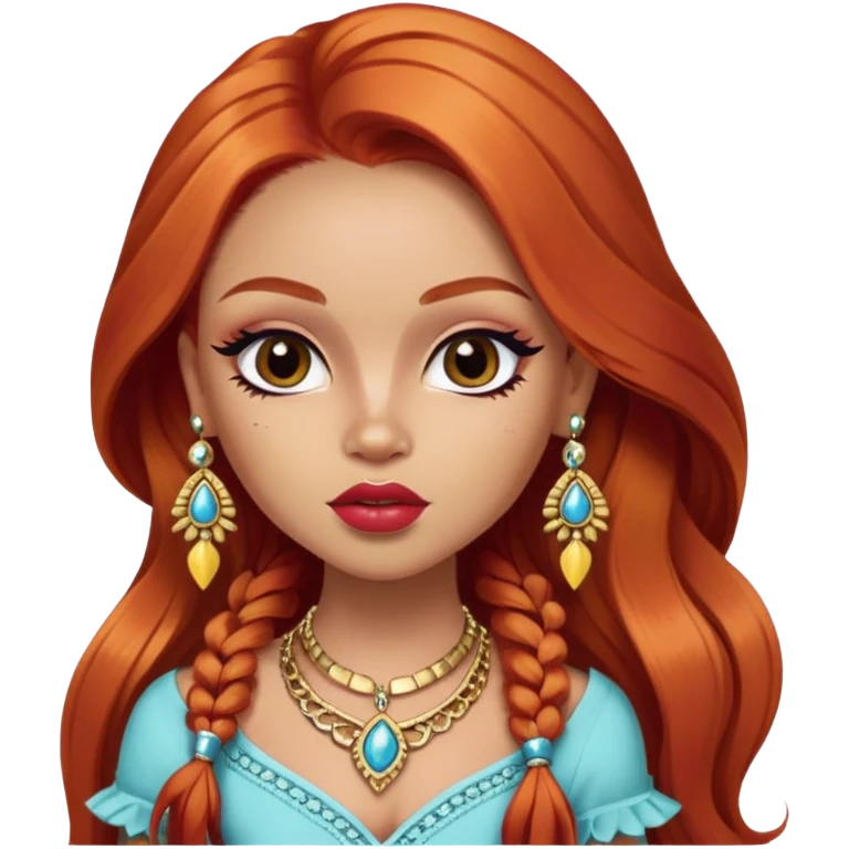 Colombian, pretty lips, colombian clothes, very light skin, long natural red hair, jewelry, pretty bratz baddie, black eyeliner emoji