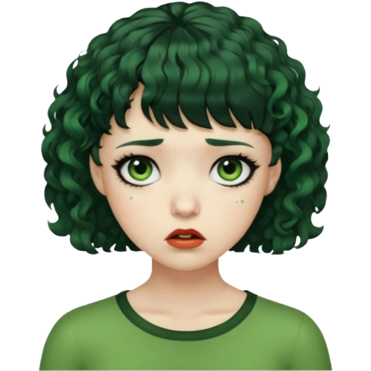 quero que você cria uma mulher, o rosto dela. nela, ela tem cabelo curto e ondulado, tem franja e ela tem semblante triste, deixe ela com pele verde e com cabelo cacheado( ela tem que ter semblante assustador e muito triste, ela pode ter olhos totalmente preto ou vermelho) emoji