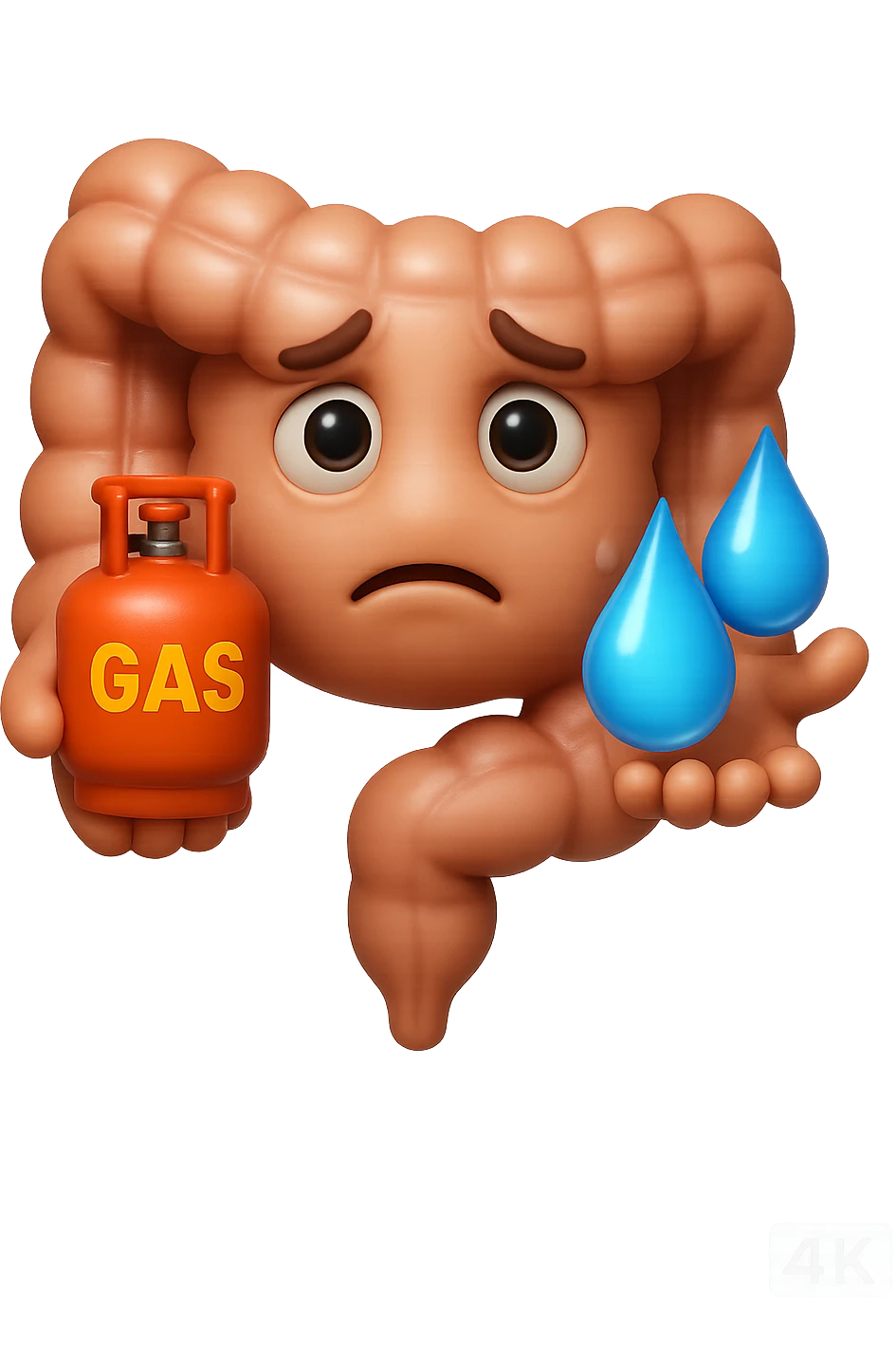 EMOJI STILE IPHONE DI un'intestino preoccupato che ha una bombola di gas con la scritta "GAS" SOPRA in mano e due gocce di acqua in 3d nell'altra mano, IPERREALISTICO 4K emoji