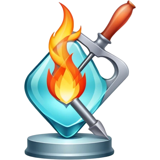 Glassworking icon, piece of glass being shaped with tools, glass cutter, flame for glassblowing, smooth edges, sparkling texture, minimalistic style, clean lines, transparent background. emoji