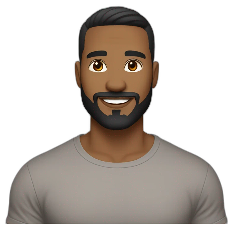 light brown skin male, black hair with a skin fade haircut, good beard, white teeth, black t shirt approximately 32 years old, good beard, chest up, confident emoji