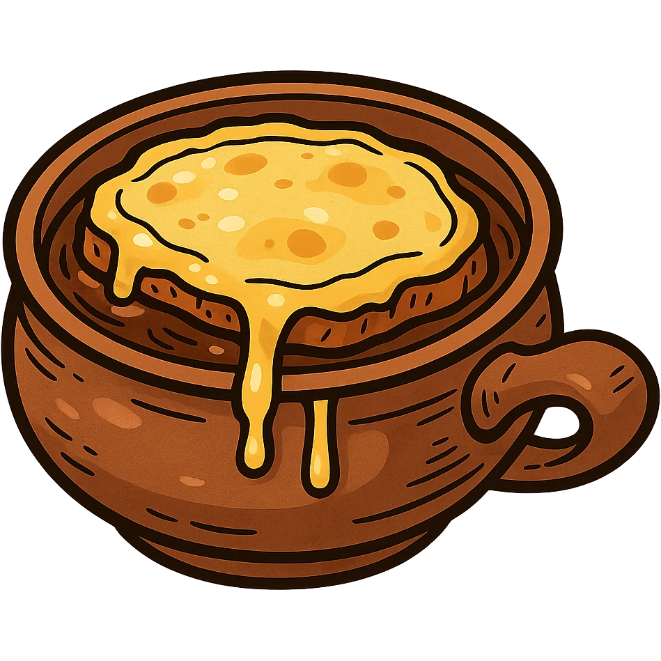 french onion soup in a rustic bowl, cheese bubbling, cartoon style emoji