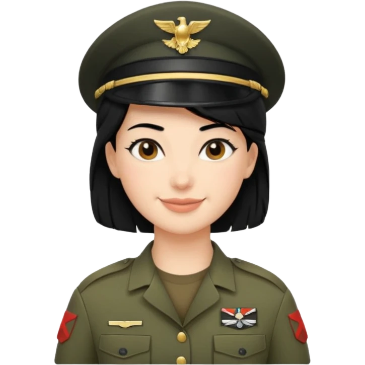 Apple-style emoji: female soldier, bust, no cap/helmet, friendly smile,black color blonde hair emoji