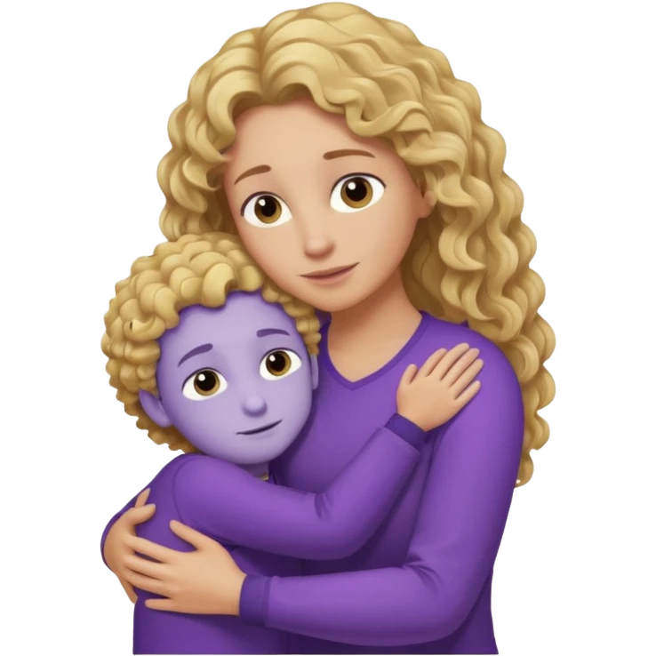 a mother with blond curly long wearing purple hugging his son with brown hair and like saying its okay emoji
