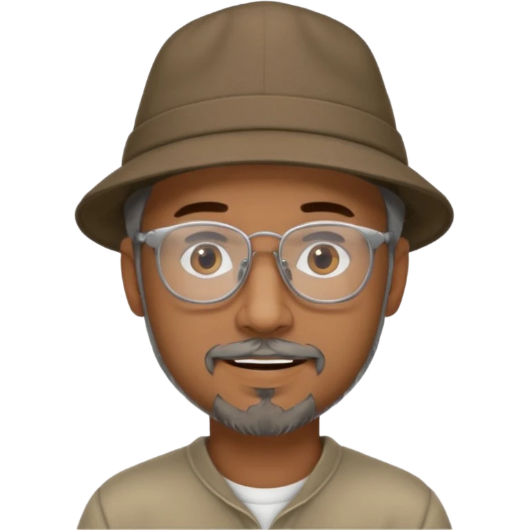Brown man with hat no hair, but gray goatee, clear glasses and slightly smiling emoji