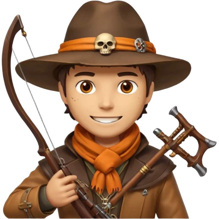 male human monster hunter emoji, wearing brown leather coat and wide hat, holding crossbow or rifle, with amulet shaped like skull, Halloween fantasy theme, confident smile, orange scarf, Apple emoji style, clean white background, square image emoji