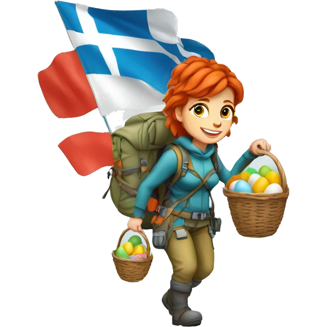 Female winter mountain climber red hair climbing, holding Greek flag on backpack and holding Easter eggs basket emoji