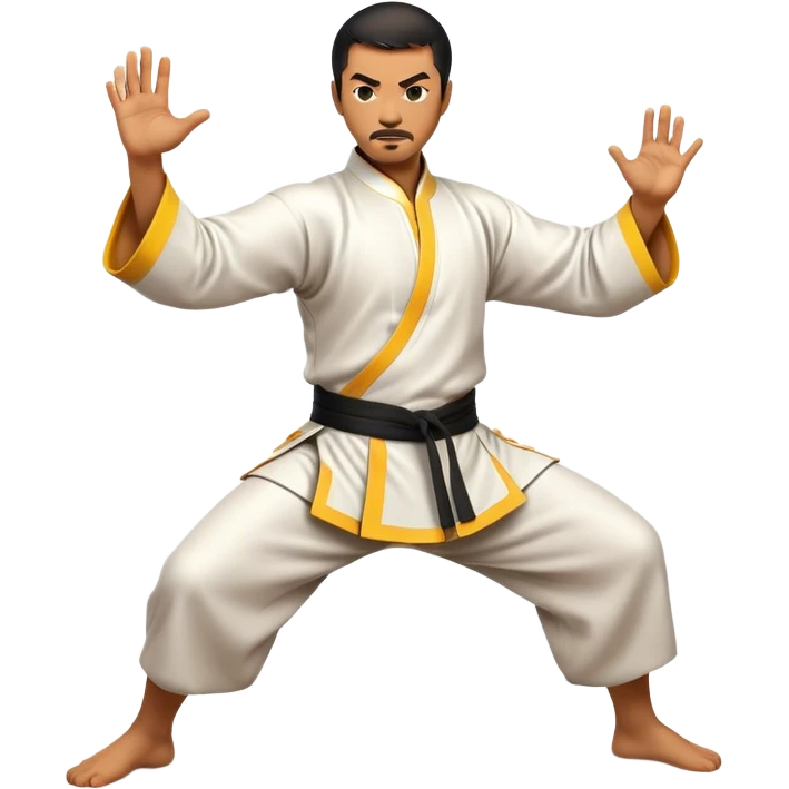 Cinematic Realistic Kung Fu Action Emoji, depicted as an epic martial arts scene with a master executing a precise move in traditional attire, rendered with fluid motion and vibrant textures under dramatic high-contrast lighting. emoji