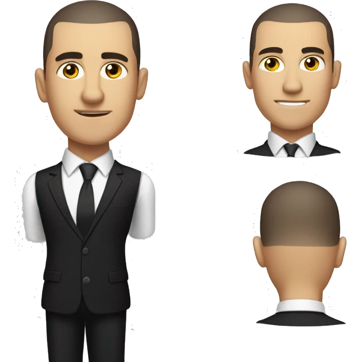 White man with dark hair buzzcut, wearing black suit and tie with white dress shirt  emoji