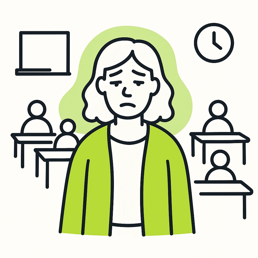 exhausted teacher in a bustling classroom emoji