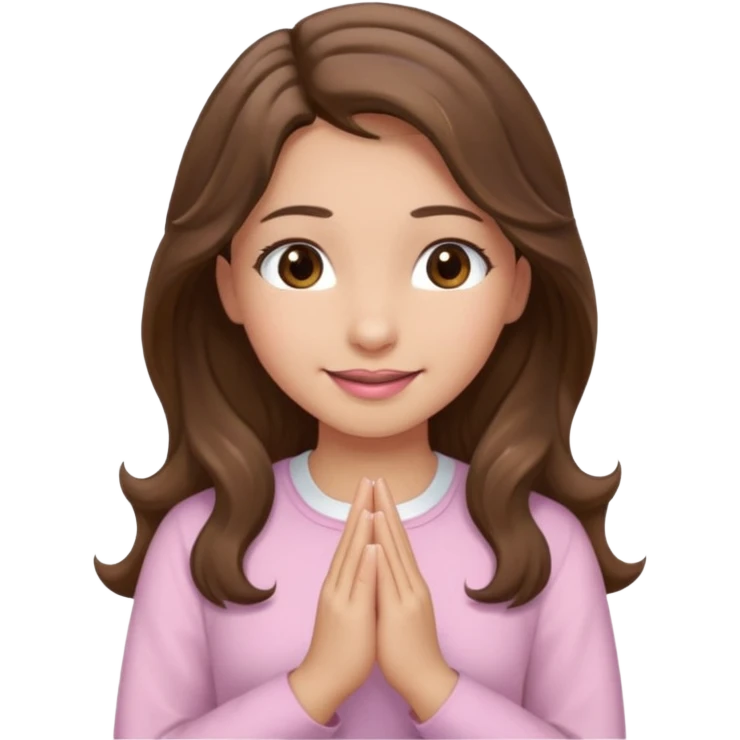 girl with wavy long brown hair, brown eyes, light to medium complexion, long lashes, light pink lipstick, praying, smiling, wearing light pink shirt emoji