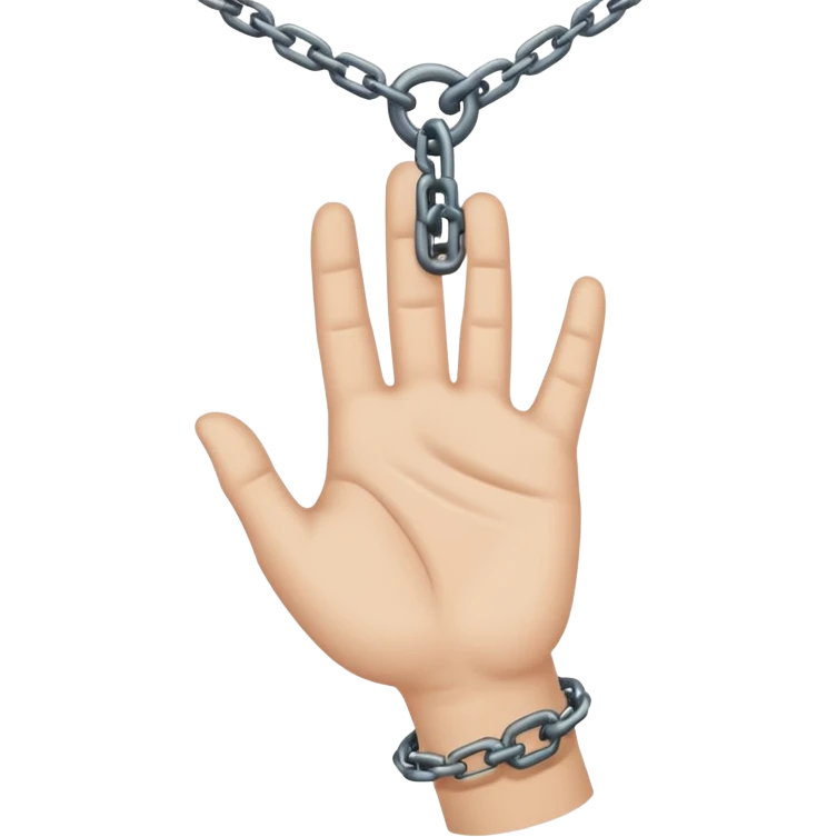 Minimalist emoji-style sticker of a human hand bound by a chain leading to a video camera. Icon-like, clean silhouette, muted tones. emoji
