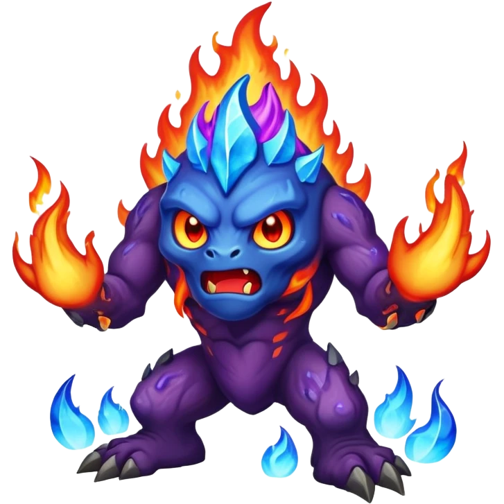 a mystical fast lava creature without arms with molten lava on its head and some rocky shoulders, fire crystals, blue flames, fire legs, no background, purple flames, mystical eyes emoji