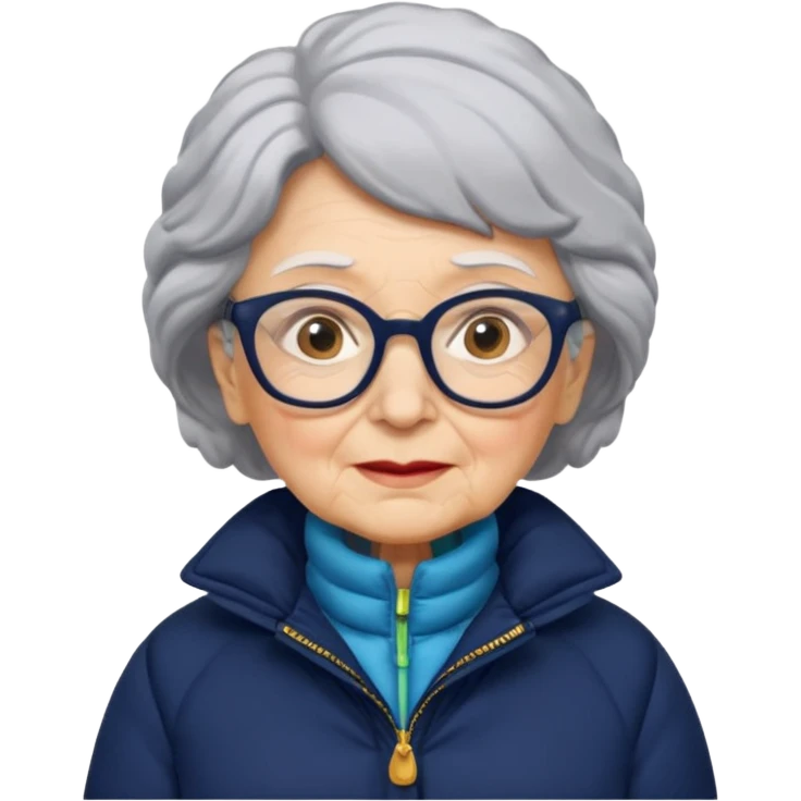 old wo man in navy puffy winter coat, wearing glasses emoji