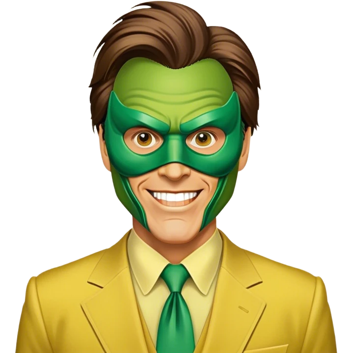 Icon for The Mask Movie: A vintage movie poster-style design with Jim Carrey’s iconic green mask, exaggerated facial expression, and comedic pose. Include elements like the yellow suit, cartoonish transformations, and bright, energetic colors. Retro cinematic feel. Transparent background. emoji