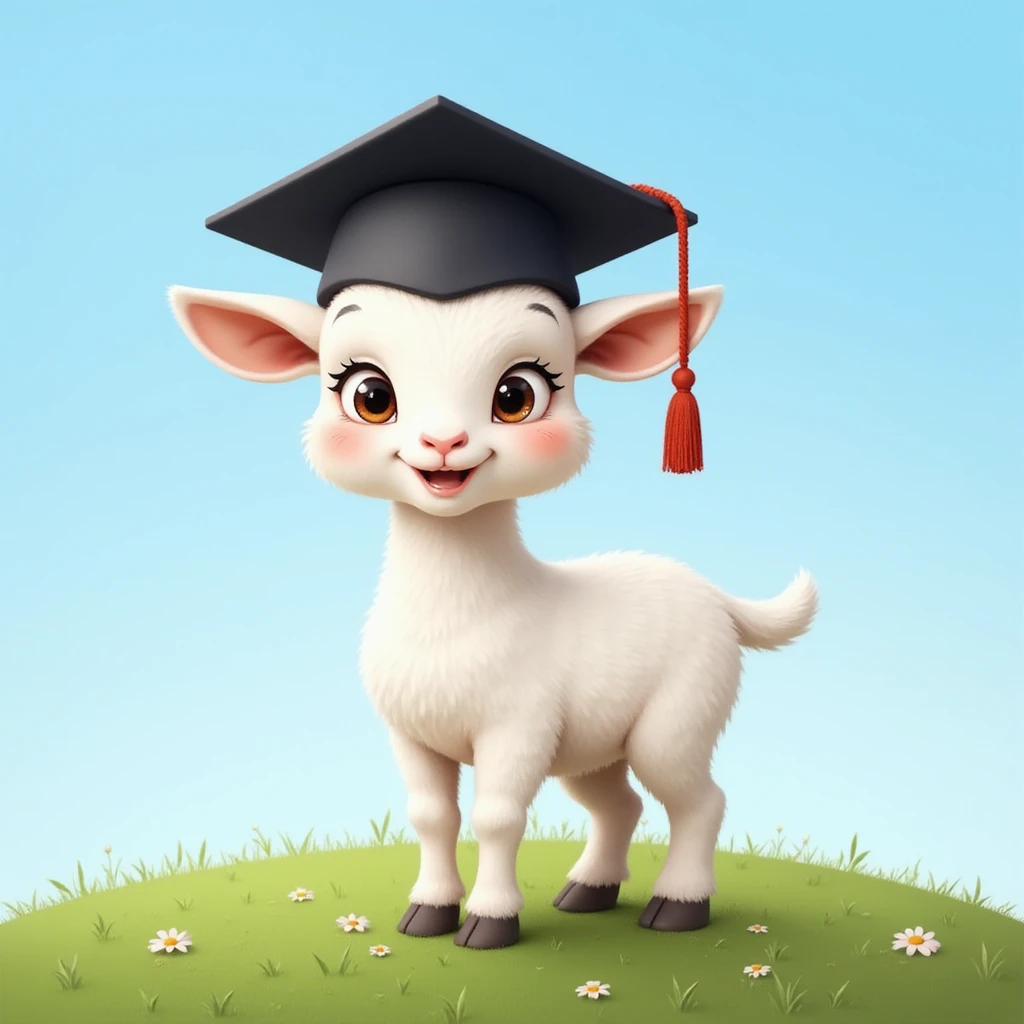 cute white goat with black graduation cap, standing on green grass under bright blue sky, proud and confident expression, semi-realistic style emoji