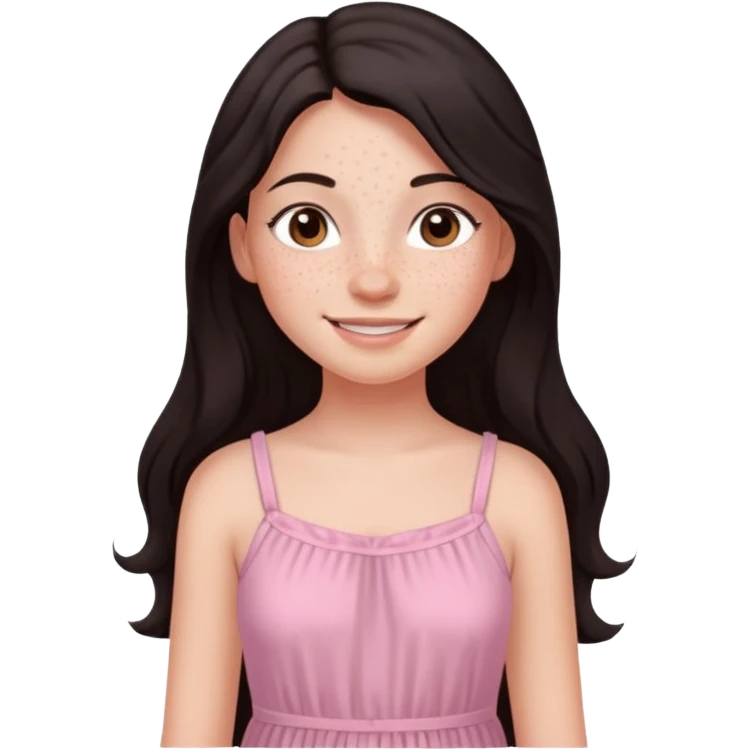 Девочка с длинными собранными темными волосами и веснушками в нежно розовом emoji