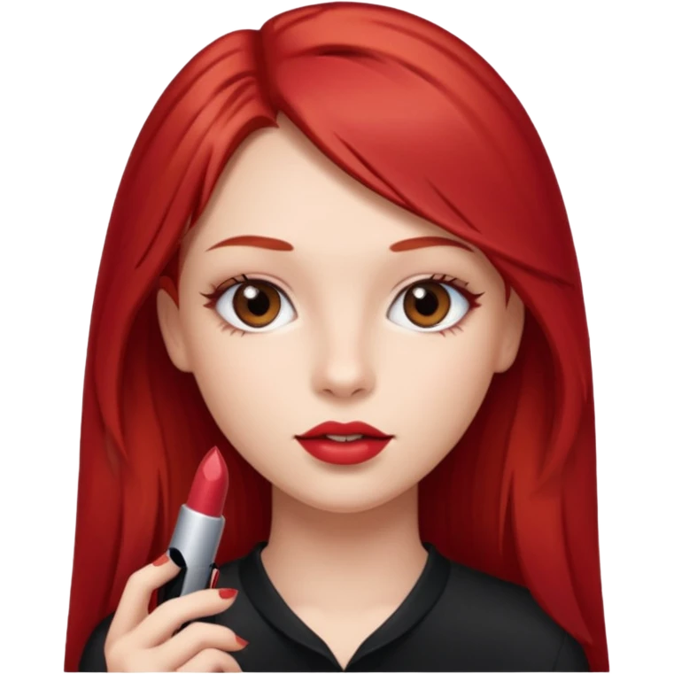 una chica con un pintalabios en la mano de 18 años, de piel blanca con el pelo liso, largo y pelirrojo, ojos marrones emoji