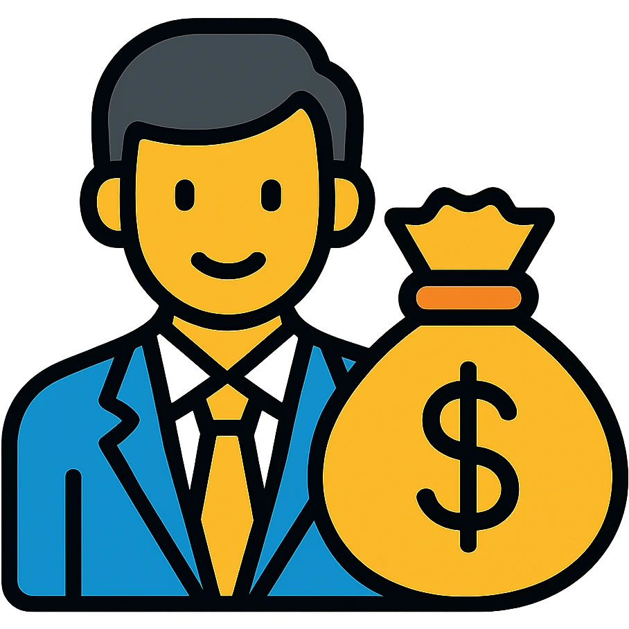 Businessman with money bag, rich man with cash emoji