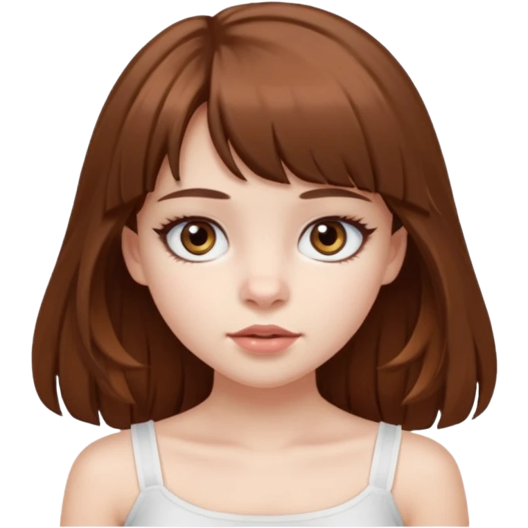 Pale skinned waisian girl with brown hair and dark brown eyes. She has bangs and her hair is slightly big wavy and long. She has big cat looking eyes and long lashes. Make her wear a white tube top. emoji