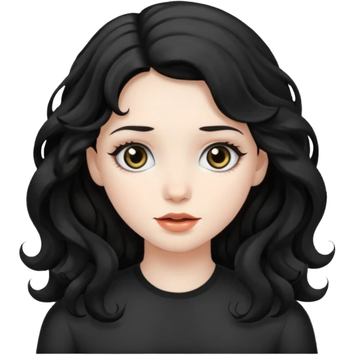Crea una ragazza con stile black metal, capelli neri mossi dalle spalle e occhi bianchi emoji