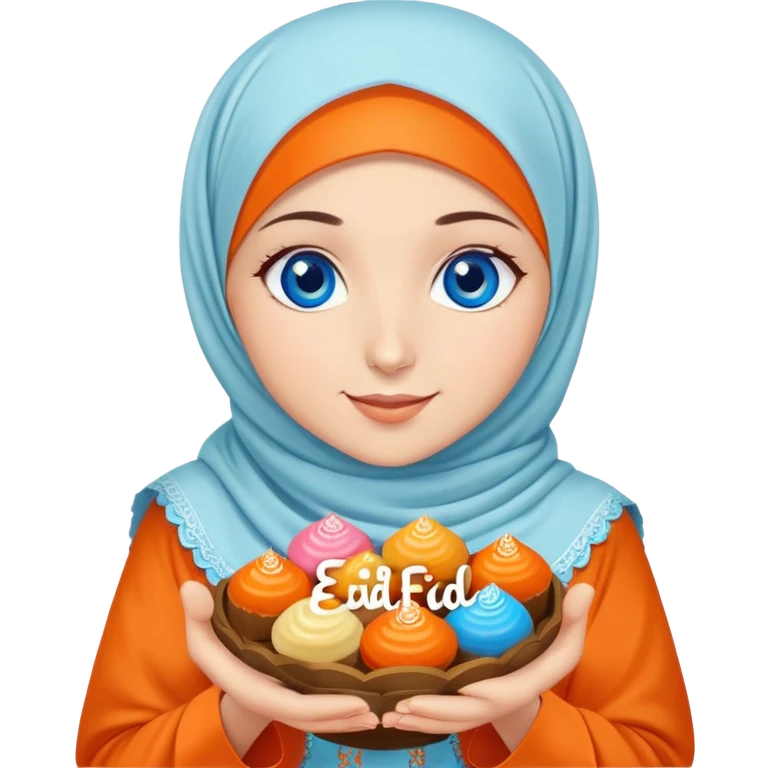 Turkish beautiful finish Konya girl blue eyes with orange hijab islamic dress and had on her hand text Eid Mubarak with sweets and celebrating with her friends eid days   emoji
