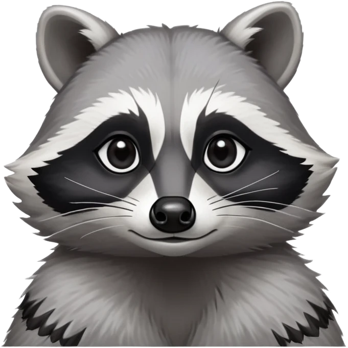 Cinematic-Noble-Raccoon-Portrait-Emoji – Poised and confident, with a sturdy build and a beautifully textured fur of silver-grey accented by dark black facial markings, deep-set, large big black eyes revealing no white, simplified yet sharp and sophisticated zoom out to show shoulders emoji