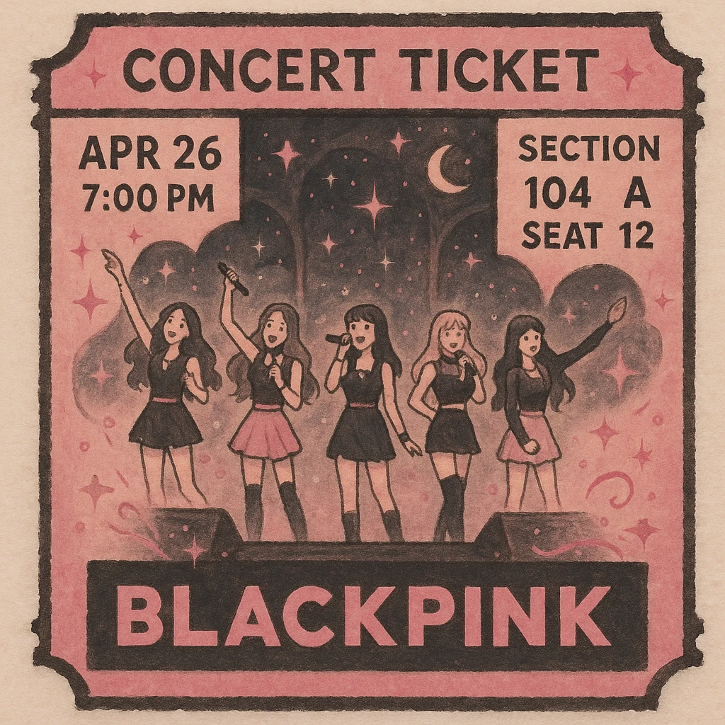 concert ticket in black and pink, Ghibli style, soft painterly textures, magical and fun, BLACKPINK pop star theme emoji
