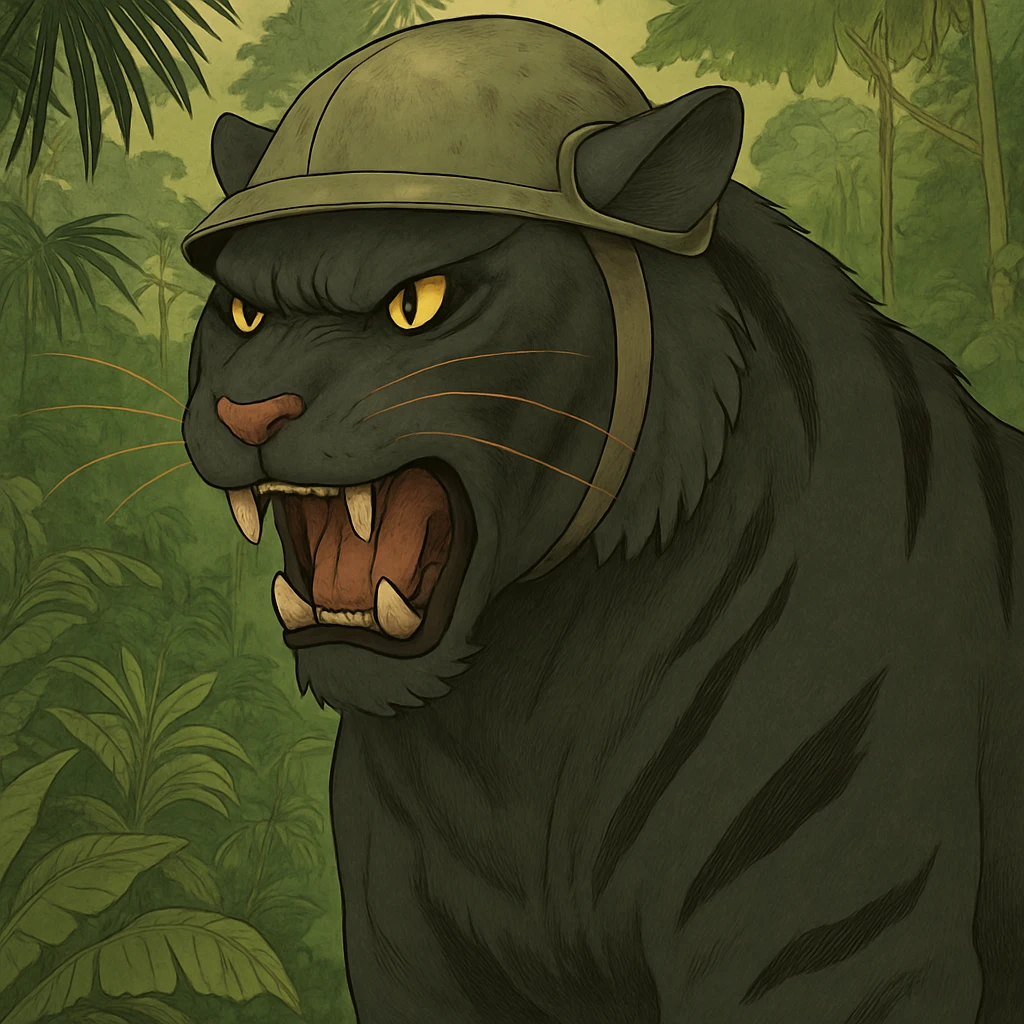 Add a lush jungle background behind the angry black tiger wearing a helmet, keep the original style and mood emoji