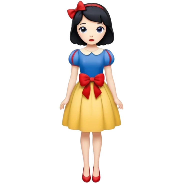 full body Snow White with blue and yellow dress, short black hair with red bow, minimal style emoji