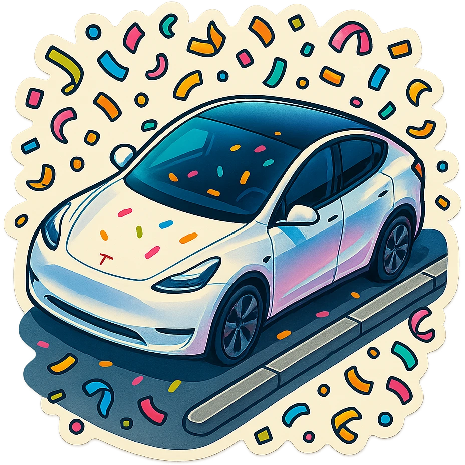 A Tesla Model Y parallel parking at a curb, from above, with confetti emoji