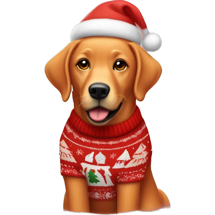Fox red Labrador wearing Christmas jumper and hat emoji
