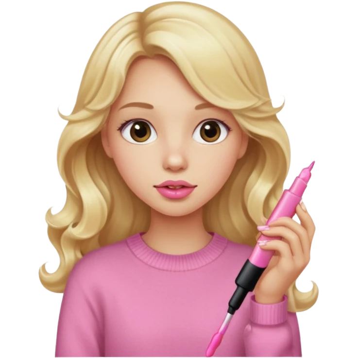A long curled blonde haired  young girl with a pink sweater and holding a lip gloss emoji