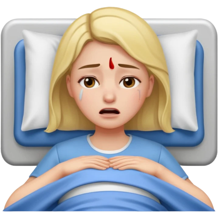 Mulher jovem chorando muito em cima de uma maca de hospital emoji