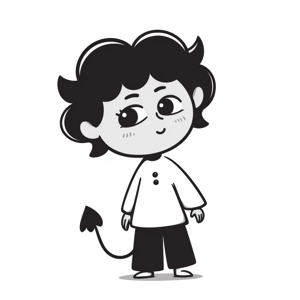 hand-drawn chibi demon with big innocent eyes, small pointy tail, and adorable expressive face emoji